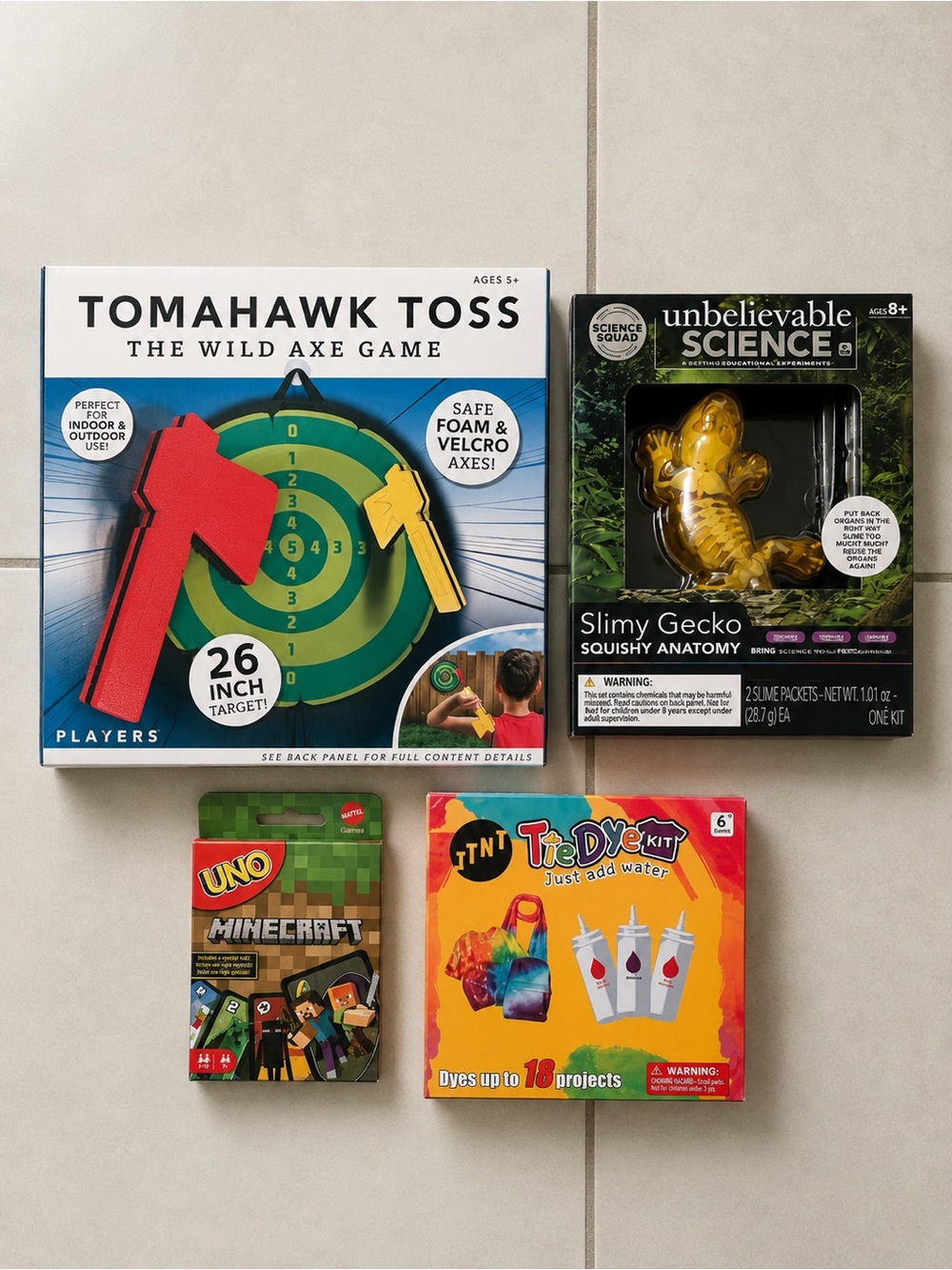 Kids Activity & Game Bundle Minecraft UNO, Tie Dye Kit,Tomahawk Toss,Slimy Gecko